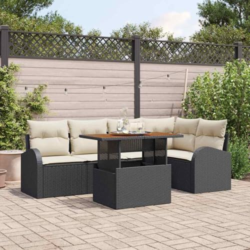 6-teiliges Garten Esstisch Set mit Kissen Schwarz Poly Rattan Akazie, Gartentisch Stühlen Gartenmöbel Set for Outdoor Essbereich Balkon Café3349585 von Swpsd