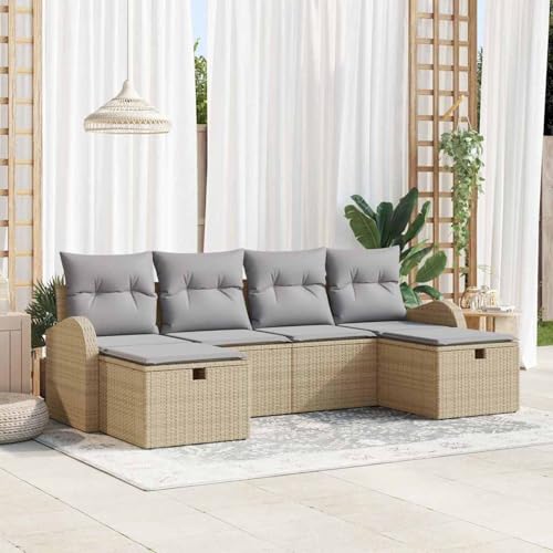 6-teiliges Garten Sofa Set mit Kissen Beige Poly Rattan, Modulares Gartenmöbel-Set für Balkon Terrasse und Café3359119 von Swpsd