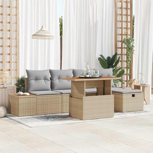 6-teiliges Garten Sofa Set mit Kissen Beige Poly Rattan Akazie, Modulares Gartenmöbel-Set für Balkon Terrasse und Café3361407 von Swpsd