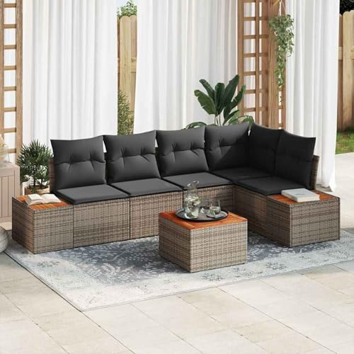 6-teiliges Garten Sofa Set mit Kissen Grau Poly Rattan Akazie, Modulares Gartenmöbel-Set für Balkon Terrasse und Café3356759 von Swpsd