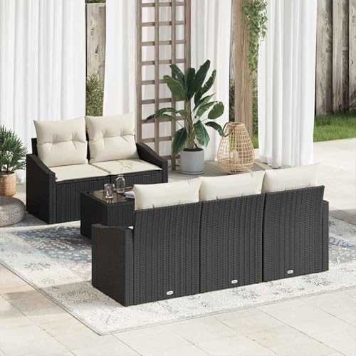 6-teiliges Garten-Sofa-Set mit Kissen Schwarz Poly-Rattan, Modulares Gartenmöbel-Set für Balkon Terrasse und Café3355266 von Swpsd