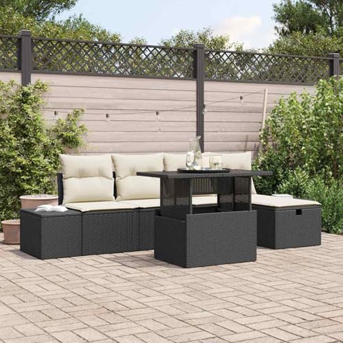 6-teiliges Garten-Sofa-Set mit Kissen Schwarz Poly-Rattan, Modulares Gartenmöbel-Set für Balkon Terrasse und Café3359864 von Swpsd