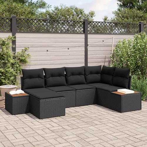 6-teiliges Garten Sofa Set mit Kissen Schwarz Poly Rattan Akazie, Modulares Gartenmöbel-Set für Balkon Terrasse und Café3356788 von Swpsd