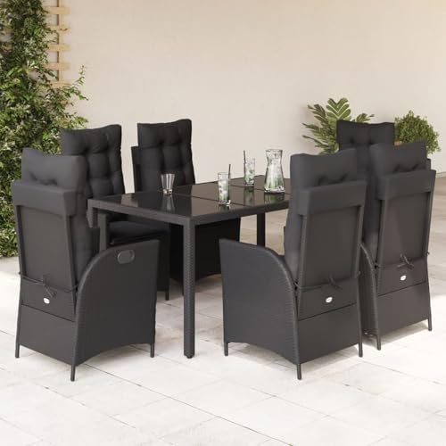 7-TLG. Garten-Essgruppe mit Kissen Schwarz Poly Rattan, Gartentisch Stühlen Gartenmöbel Set for Outdoor Essbereich Balkon Café3213072 von Swpsd