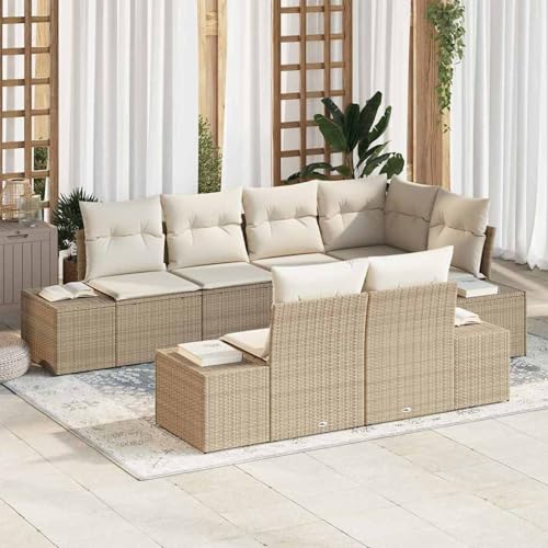 7-Teiliges Garten Sofa Set mit Kissen Beige Poly Rattan, Modulares Gartenmöbel-Set für Balkon Terrasse und Café3355770 von Swpsd