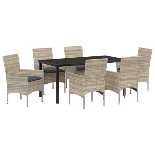 7-teilige Garten Essgruppe mit Kissen, Hellgrau Poly-Rattan, Gartentisch Schwarz 160x80x73 cm Sicherheitsglas, Gartentisch Stühlen Gartenmöbel Set for Outdoor Essbereich Balkon Café3379811 von Swpsd