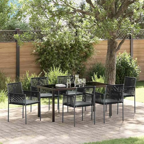 7-teilige Garten-Essgruppe mit Kissen Schwarz Poly-Rattan, Gartentisch Stühlen Gartenmöbel Set for Outdoor Essbereich Balkon Café3379111 von Swpsd