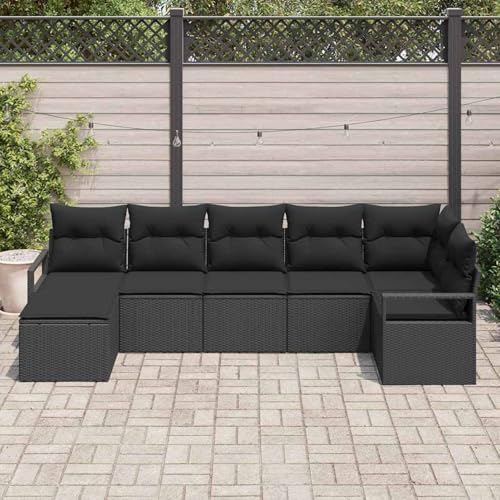 7-teilige Garten-Sofa-Lounge mit Kissen Schwarz, 2-Sitzer Garten-Sofa mit Kissen Schwarz, Modulares Gartenmöbel-Set für Balkon Terrasse und Café von Swpsd