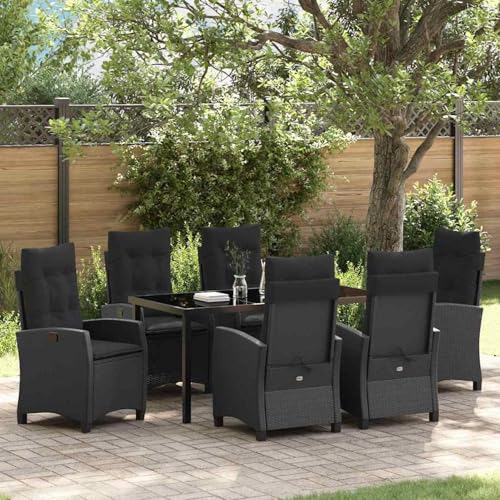 7-teiliges Garten-Dining-Set mit Kissen Schwarz Poly Rattan, Gartentisch Stühlen Gartenmöbel Set for Outdoor Essbereich Balkon Café3380376 von Swpsd