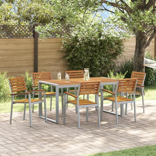 7-teiliges Garten Essset aus solidem Akazienholz und Metall, Gartentisch Stühlen Gartenmöbel Set for Outdoor Essbereich Balkon Café3284362 von Swpsd