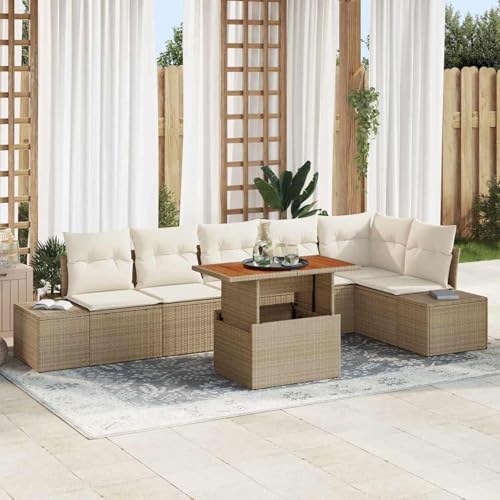 7-teiliges Garten Essset mit Kissen Beige Poly Rattan Akazie, Gartentisch Stühlen Gartenmöbel Set for Outdoor Essbereich Balkon Café3349973 7-teiliges Garten Essset mit Kissen Beige Poly Rattan Akazie, Gartentisch Stühlen Gartenmöbel Set for Outdoor Essbereich Balkon Café3349973 von Swpsd
