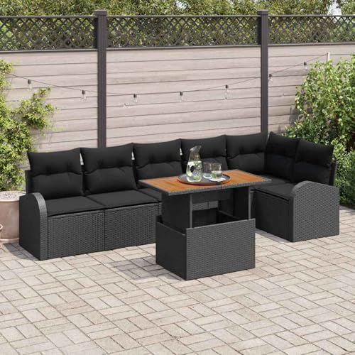 7-teiliges Garten Essset mit Kissen Schwarz Poly Rattan Akazie, Gartentisch Stühlen Gartenmöbel Set for Outdoor Essbereich Balkon Café3349596 7-teiliges Garten Essset mit Kissen Schwarz Poly Rattan Akazie, Gartentisch Stühlen Gartenmöbel Set for Outdoor Essbereich Balkon Café3349596 von Swpsd