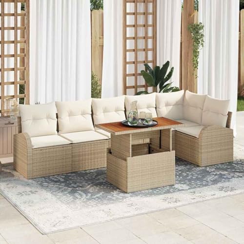 7-teiliges Garten Esstisch Set mit Kissen Beige Poly-Rattan Akazie, Gartentisch Stühlen Gartenmöbel Set for Outdoor Essbereich Balkon Café3349595 von Swpsd