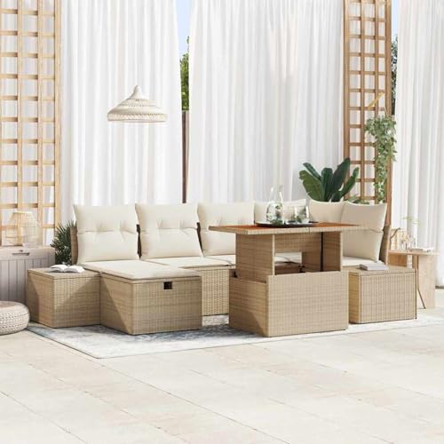 7-teiliges Garten Esstisch Set mit Kissen Beige Poly Rattan Akazie, Gartentisch Stühlen Gartenmöbel Set for Outdoor Essbereich Balkon Café3361386 von Swpsd