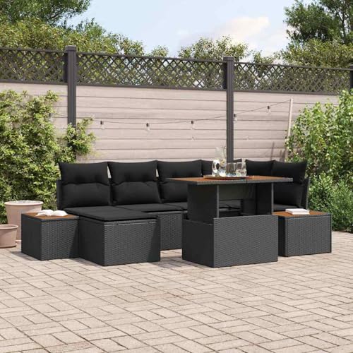 7-teiliges Garten Esstisch Set mit Kissen Schwarzes Poly Rattan Akazie, Gartentisch Stühlen Gartenmöbel Set for Outdoor Essbereich Balkon Café3350085 von Swpsd