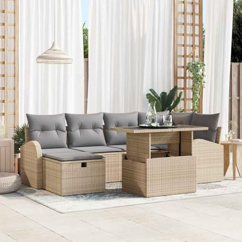 7-teiliges Garten Sofa Set mit Kissen Beige Poly Rattan, Modulares Gartenmöbel-Set für Balkon Terrasse und Café3359757 von Swpsd