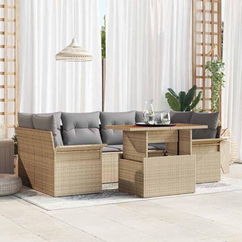 7-teiliges Garten Sofa Set mit Kissen Beige Poly-Rattan Akazie, Modulares Gartenmöbel-Set für Balkon Terrasse und Café3349286 von Swpsd