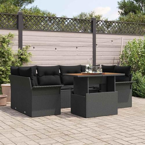 7-teiliges Garten-Sofa-Set mit Kissen Schwarz Poly Rattan Akazie, Modulares Gartenmöbel-Set für Balkon Terrasse und Café3349288 von Swpsd