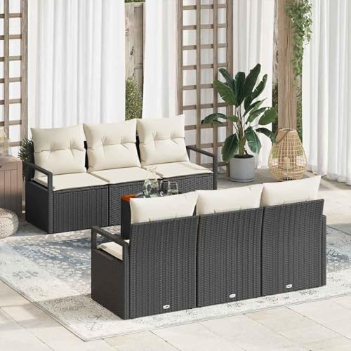 7-teiliges Garten Sofa Set mit Kissen Schwarz Poly Rattan Akazie, Modulares Gartenmöbel-Set für Balkon Terrasse und Café3356318 von Swpsd