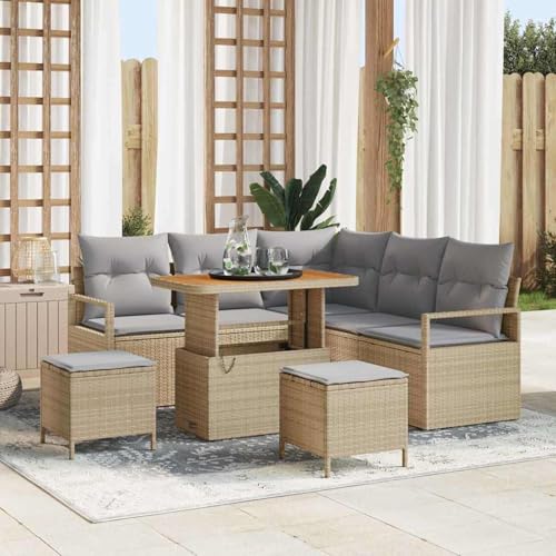 8 Teiliges Garten Sofa Set mit Kissen Beige Poly Rattan Akazie, Modulares Gartenmöbel-Set für Balkon Terrasse und Café3362527 von Swpsd
