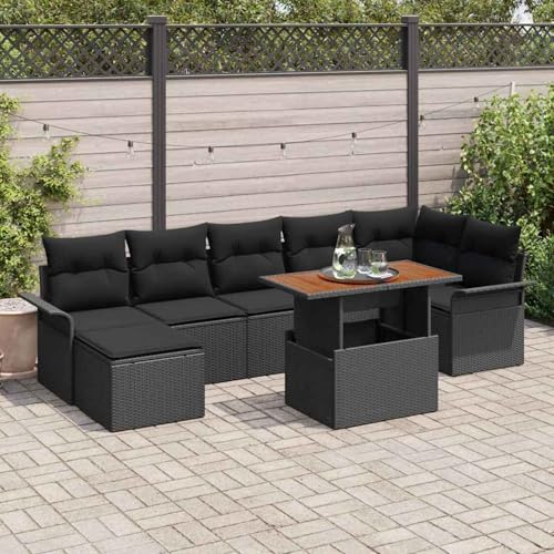 8-teiliges Garten-ESS-Set mit Kissen Schwarz Poly-Rattan Akazie, Gartentisch Stühlen Gartenmöbel Set for Outdoor Essbereich Balkon Café3349365 von Swpsd