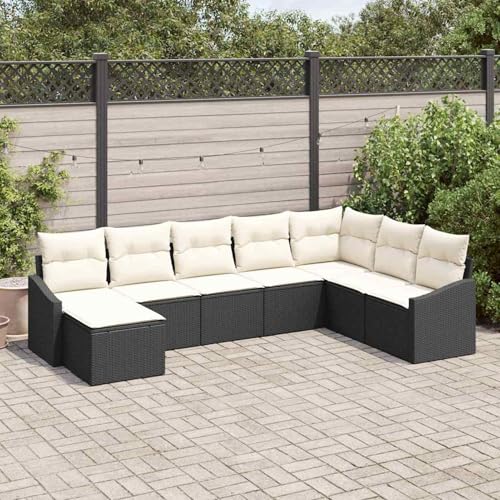 8 teiliges Garten Esstisch Set mit Kissen Schwarzes Poly Rattan, Gartentisch Stühlen Gartenmöbel Set for Outdoor Essbereich Balkon Café3355506 von Swpsd