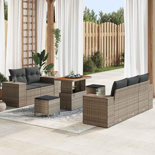 8-teiliges Garten Sofa Set mit Kissen Grau Poly Rattan Akazie, Modulares Gartenmöbel-Set für Balkon Terrasse und Café3363903 von Swpsd
