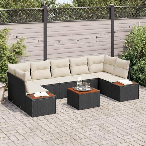 8-teiliges Garten-Sofa-Set mit Kissen Schwarz Poly Rattan Akazie, Modulares Gartenmöbel-Set für Balkon Terrasse und Café3348043 von Swpsd