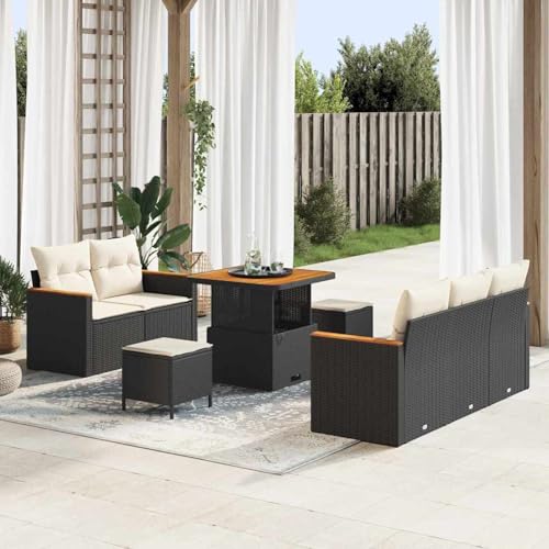 8-teiliges Garten Sofa Set mit Kissen Schwarz Poly Rattan Akazie, Modulares Gartenmöbel-Set für Balkon Terrasse und Café3362985 von Swpsd