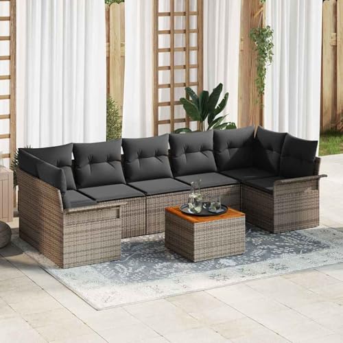 8-teiliges Garten Sofa Set mit Kissen grau Poly Rattan Akazie, Modulares Gartenmöbel-Set für Balkon Terrasse und Café3355962 von Swpsd