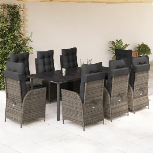 9-TLG. Garten-Essgruppe mit Kissen Grau Poly Rattan, Gartentisch Stühlen Gartenmöbel Set for Outdoor Essbereich Balkon Café3213232 von Swpsd