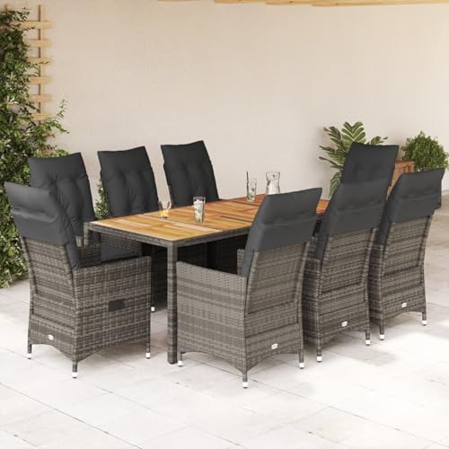 9-TLG. Garten-Essgruppe mit Kissen Grau Poly Rattan, Gartentisch Stühlen Gartenmöbel Set for Outdoor Essbereich Balkon Café3276730 von Swpsd
