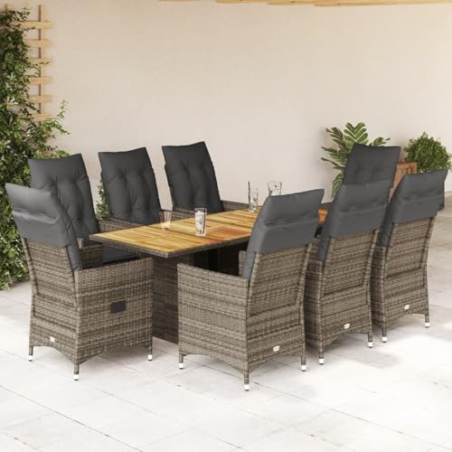 9-TLG. Garten-Essgruppe mit Kissen Grau Poly Rattan, Gartentisch Stühlen Gartenmöbel Set for Outdoor Essbereich Balkon Café3276733 von Swpsd