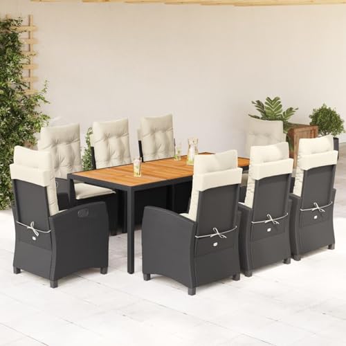 9-TLG. Garten-Essgruppe mit Kissen Schwarz Poly Rattan, Gartentisch Stühlen Gartenmöbel Set for Outdoor Essbereich Balkon Café3212660 von Swpsd