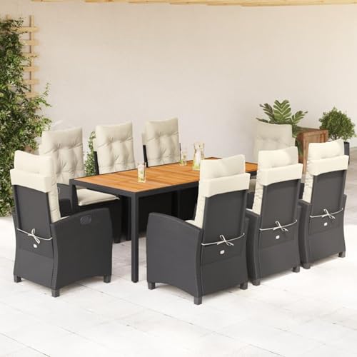 9-TLG. Garten-Essgruppe mit Kissen Schwarz Poly Rattan, Gartentisch Stühlen Gartenmöbel Set for Outdoor Essbereich Balkon Café3212661 von Swpsd