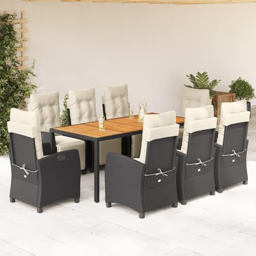 9-TLG. Garten-Essgruppe mit Kissen Schwarz Poly Rattan, Gartentisch Stühlen Gartenmöbel Set for Outdoor Essbereich Balkon Café3212905 von Swpsd