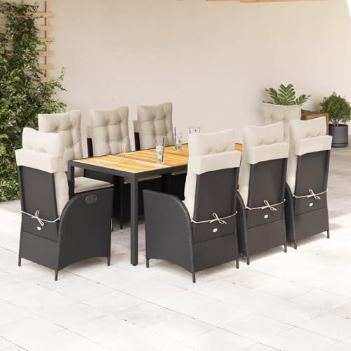 9-TLG. Garten-Essgruppe mit Kissen Schwarz Poly Rattan, Gartentisch Stühlen Gartenmöbel Set for Outdoor Essbereich Balkon Café3213093 von Swpsd