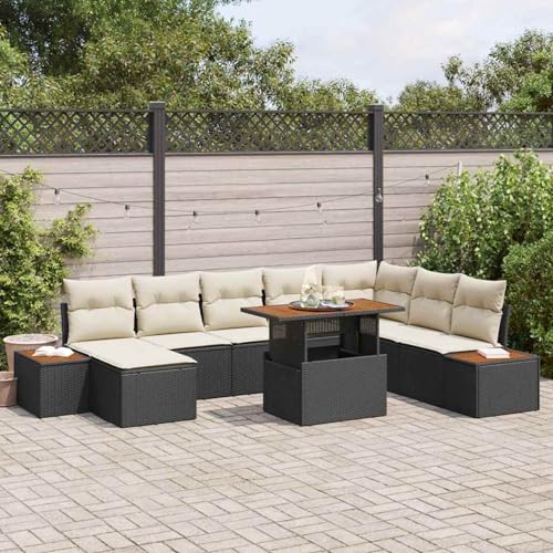 9-TLG. Garten-Essgruppe mit Kissen Schwarz Poly Rattan Akazie, Gartentisch Stühlen Gartenmöbel Set for Outdoor Essbereich Balkon Café3350094 von Swpsd