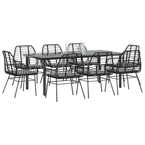 9-TLG. Garten-Essgruppe mit Kissen Schwarz Poly Rattan Glas, Gartentisch Stühlen Gartenmöbel Set for Outdoor Essbereich Balkon Café3334554 von Swpsd