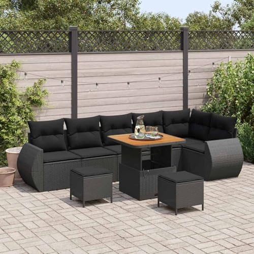 9 Teile Garten Sofa Set mit Kissen Schwarz, 3 Teile Garten Essgruppe mit Kissen Schwarz, Modulares Gartenmöbel-Set für Balkon Terrasse und Café von Swpsd