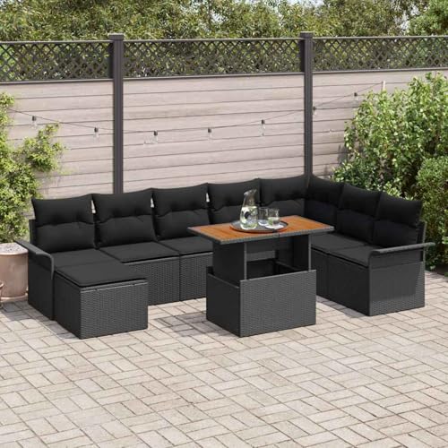 9-teiliges Garten Esstisch Set mit Kissen Schwarz Poly Rattan Akazie, Gartentisch Stühlen Gartenmöbel Set for Outdoor Essbereich Balkon Café3349372 von Swpsd