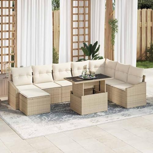 9-teiliges Garten Sofa Set mit Kissen Beige Poly Rattan, Modulares Gartenmöbel-Set für Balkon Terrasse und Café3349057 von Swpsd