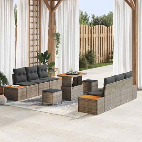 9-teiliges Garten Sofa Set mit Kissen Grau Poly Rattan Akazie, Modulares Gartenmöbel-Set für Balkon Terrasse und Café3362873 von Swpsd