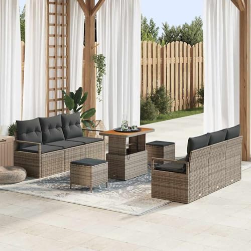 9-teiliges Garten Sofa Set mit Kissen Grau Poly-Rattan Akazie, Modulares Gartenmöbel-Set für Balkon Terrasse und Café3364433 von Swpsd