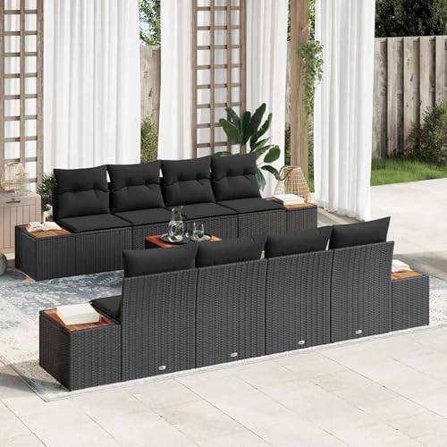 9-teiliges Garten Sofa Set mit Kissen Schwarz Poly Rattan Akazie, Modulares Gartenmöbel-Set für Balkon Terrasse und Café3348049 von Swpsd