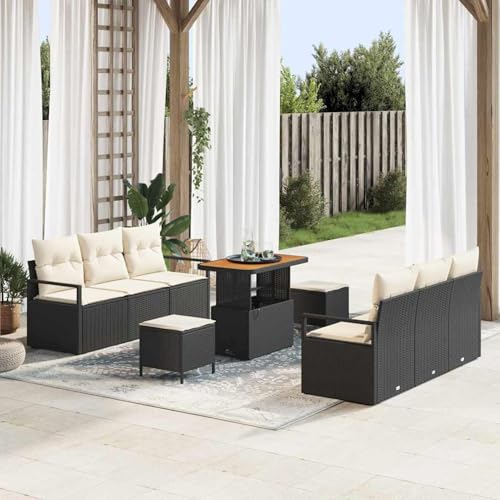 9-teiliges Garten-Sofa-Set mit Kissen Schwarz Poly-Rattan Akazie, Modulares Gartenmöbel-Set für Balkon Terrasse und Café3362480 von Swpsd