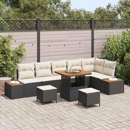 9-teiliges Garten Sofa Set mit Kissen Schwarz Poly Rattan Akazie, Modulares Gartenmöbel-Set für Balkon Terrasse und Café3362930 von Swpsd