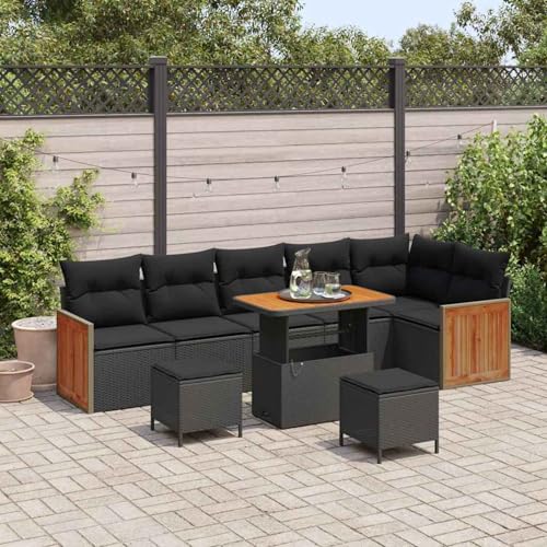 9-teiliges Garten-Sofa-Set mit Kissen Schwarz Poly Rattan Akazie, Modulares Gartenmöbel-Set für Balkon Terrasse und Café3363324 von Swpsd