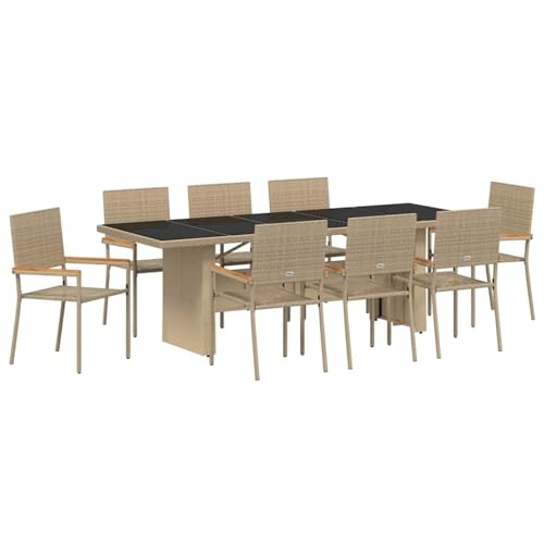 Garten Essgruppe 9 pcs Beige Poly Rattan, Gartentisch Stühlen Gartenmöbel Set for Outdoor Essbereich Balkon Café3365416 von Swpsd