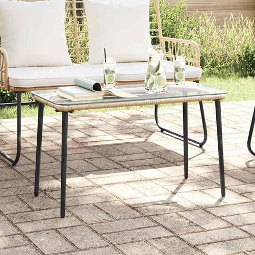 Gartentisch, moderner Couchtisch mit Glasplatte, 80 x 40 x 45.5 cm, Poly Rattan und Stahl, für Terrasse und Garten von Swpsd